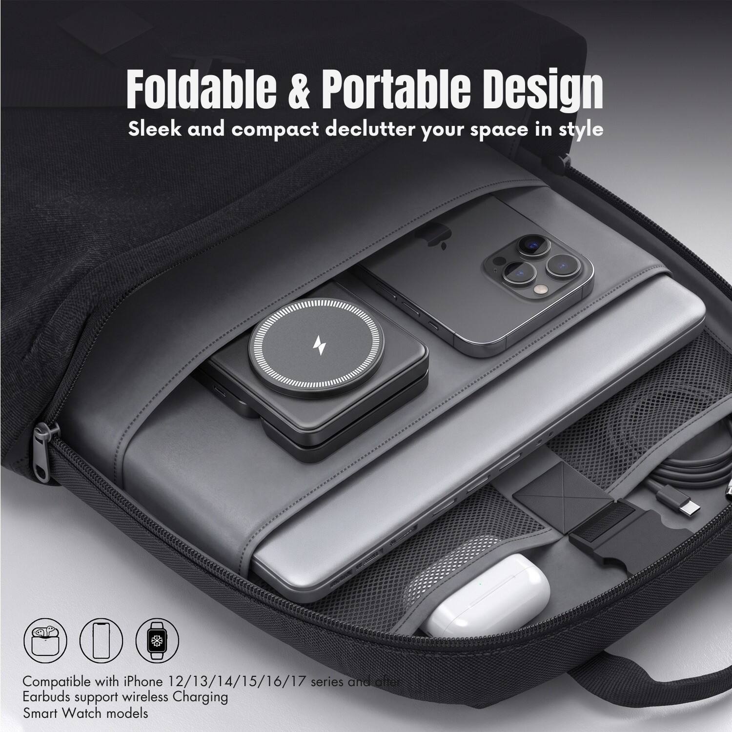 Foldable & Portable Design  
Sleek and compact declutter your space in style  

Compatible with iPhone 12/13/14/15/16/17 series and after  
Earbuds support wireless Charging  
Smart Watch models