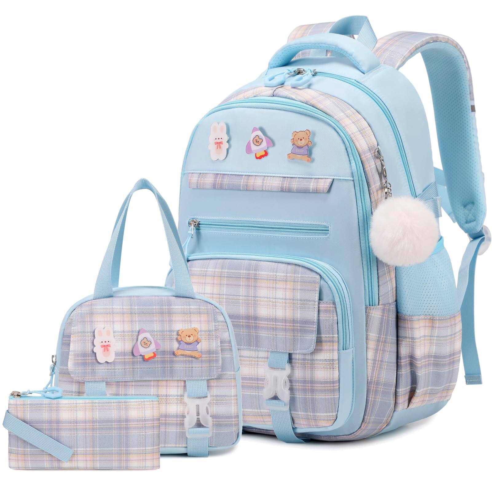 Front. Dapper Styles - School Backpack For With Lunch Box Pencil Case Cute Plaid Book Bag Teen Girl Elementary Middle High - Blue.