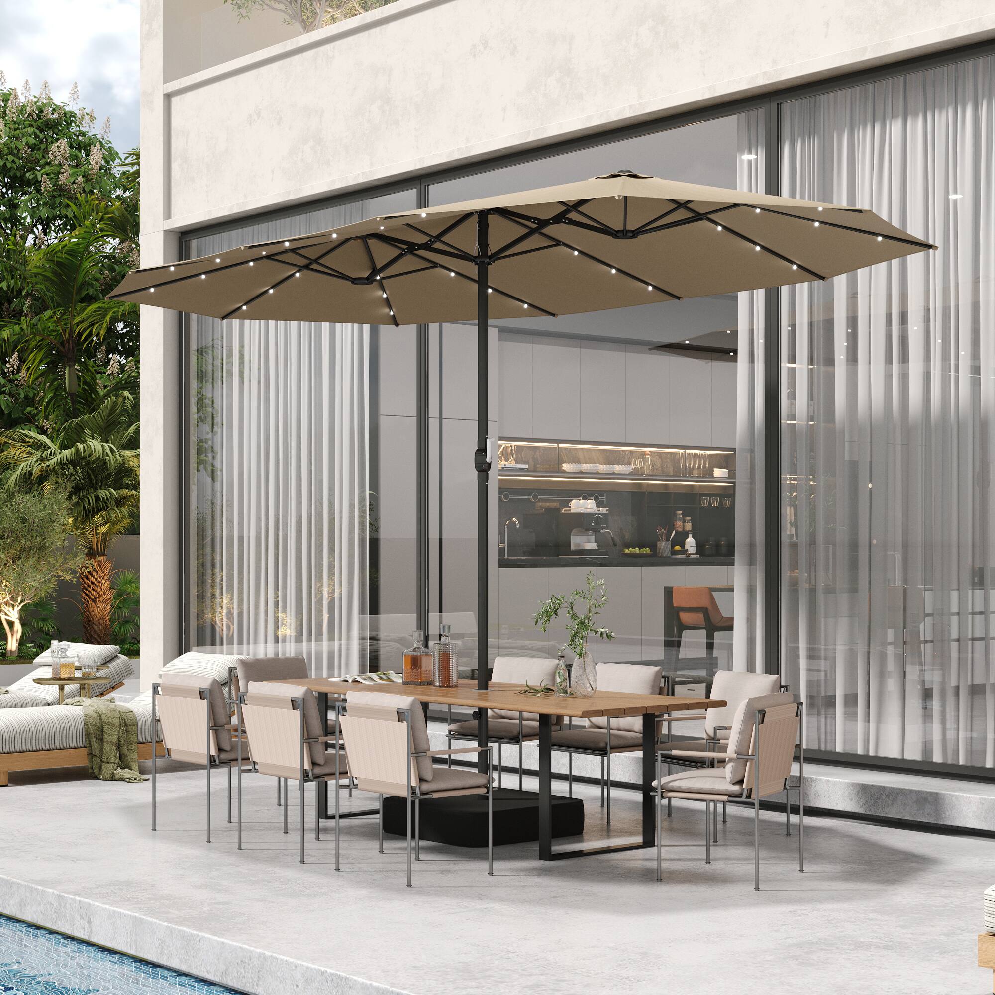 Left. Famapy - Large Rectangular Outdoor Patio Umbrella with Integrated Edge LED Lights Day-to-Night Shade Multiple Colors - Sand.