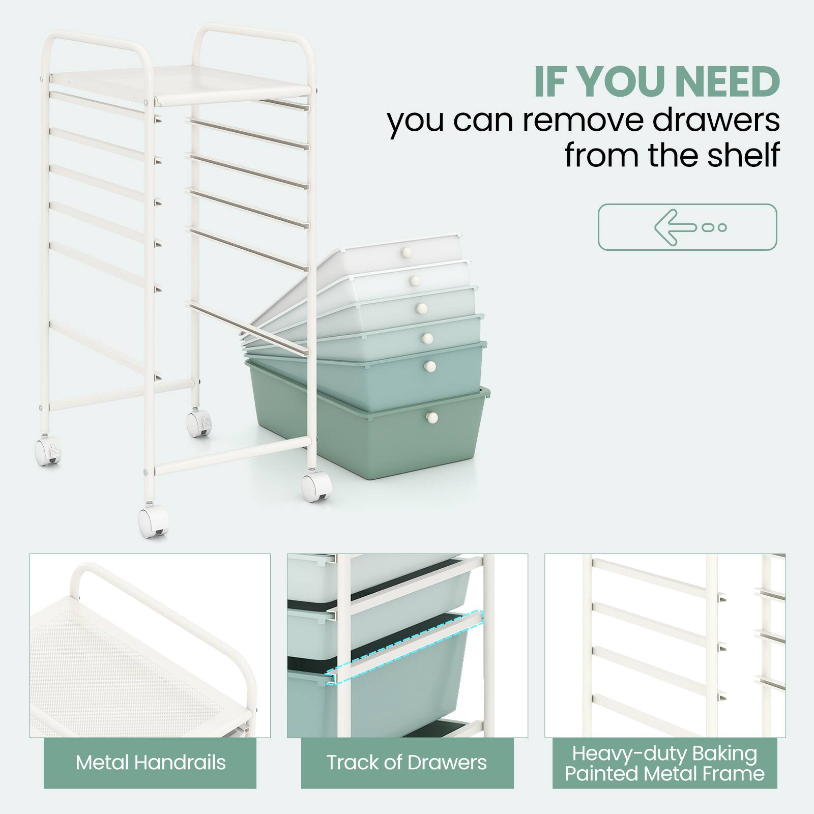 IF YOU NEED  
you can remove drawers from the shelf  

Metal Handrails  
Track of Drawers  
Heavy-duty Baking Painted Metal Frame