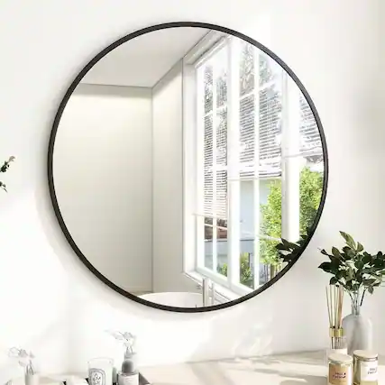 Front. Hivvago - Round 30-inch Circular Bathroom Wall Mirror with Black Frame - Black.