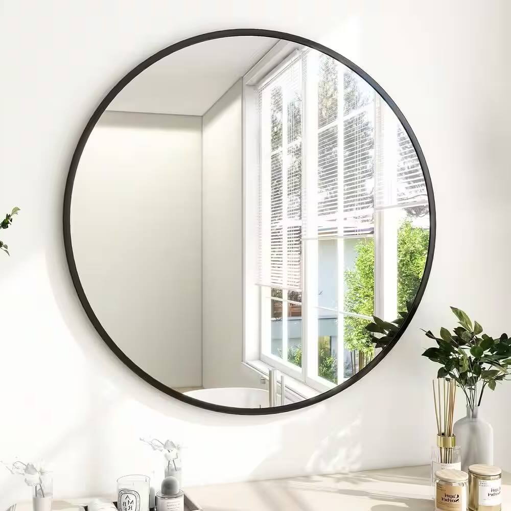 Front. Hivvago - Round 30-inch Circular Bathroom Wall Mirror with Black Frame - Black.
