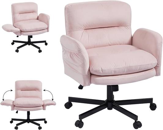 Front. Bestier - Criss Cross Office Chair, Flip-Up Armrest Swivel Desk Chair with Wheel, Ergonomic Computer Chair for Study Makeup Gaming - Pink.