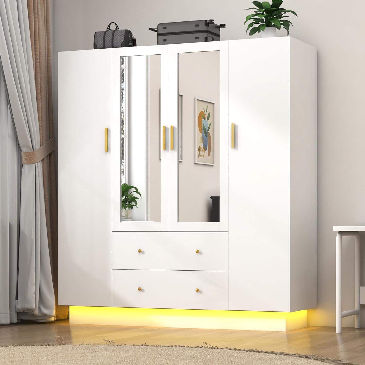 Espafurni - 4 - Door Modern Wooden Bedroom Wardrobe - Mirrors, LED Lights, Drawers, Shelves & Hanging Rod - White