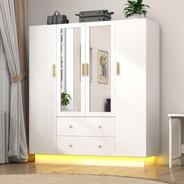 Espafurni - 4 - Door Modern Wooden Bedroom Wardrobe - Mirrors, LED Lights, Drawers, Shelves & Hanging Rod - White