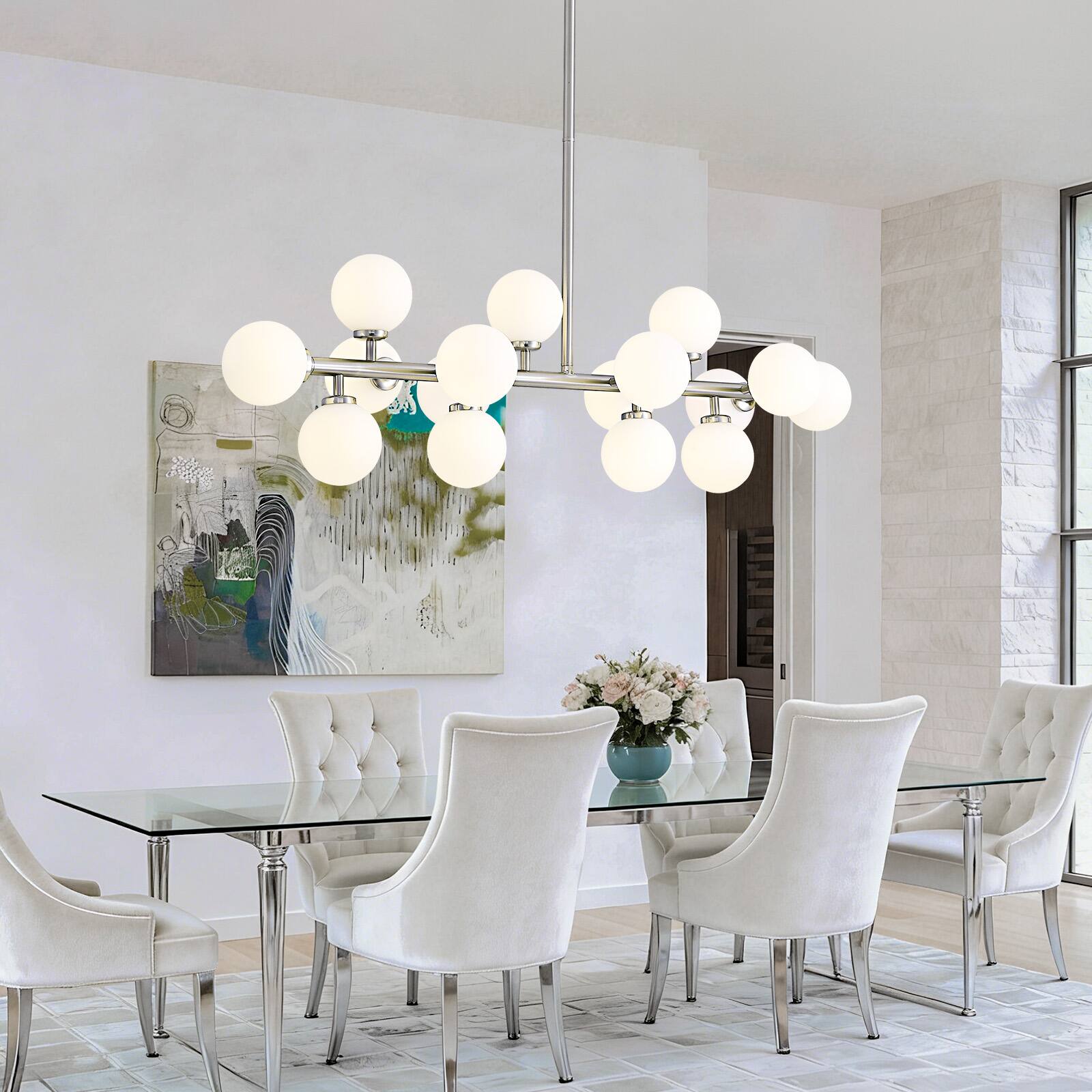 Left. Siljoy - 39.4" Satin Nickel 16-Light Linear Sputnik Chandelier, Modern Adjustable Pendant for Dining Room Kitchen Island - Nickel.