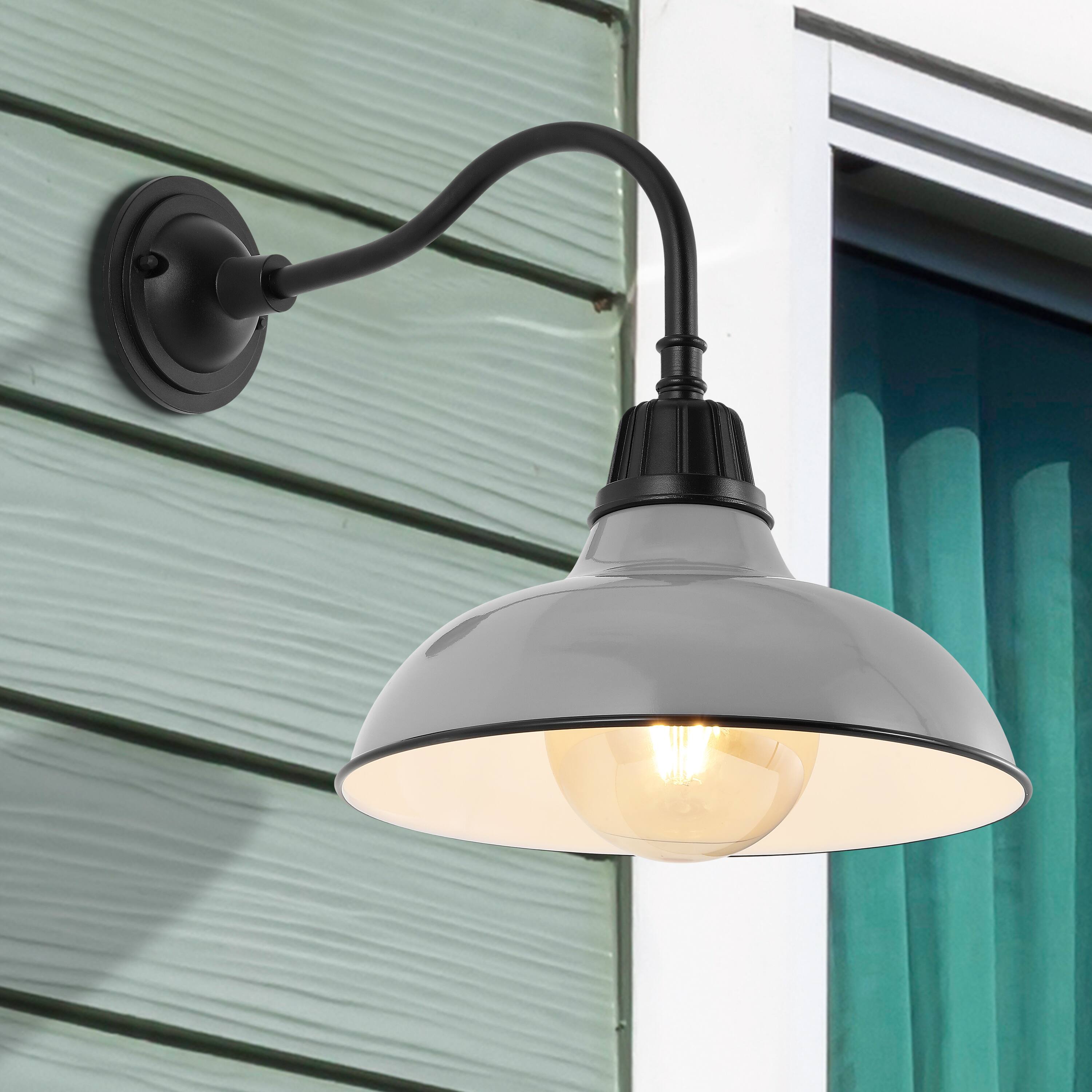 Alt View 7. Jonathan Y - Aurora 12.25" 1-Light Farmhouse Industrial Indoor/Outdoor Iron LED Gooseneck Arm Outdoor Sconce, Gray - Gray/Black.