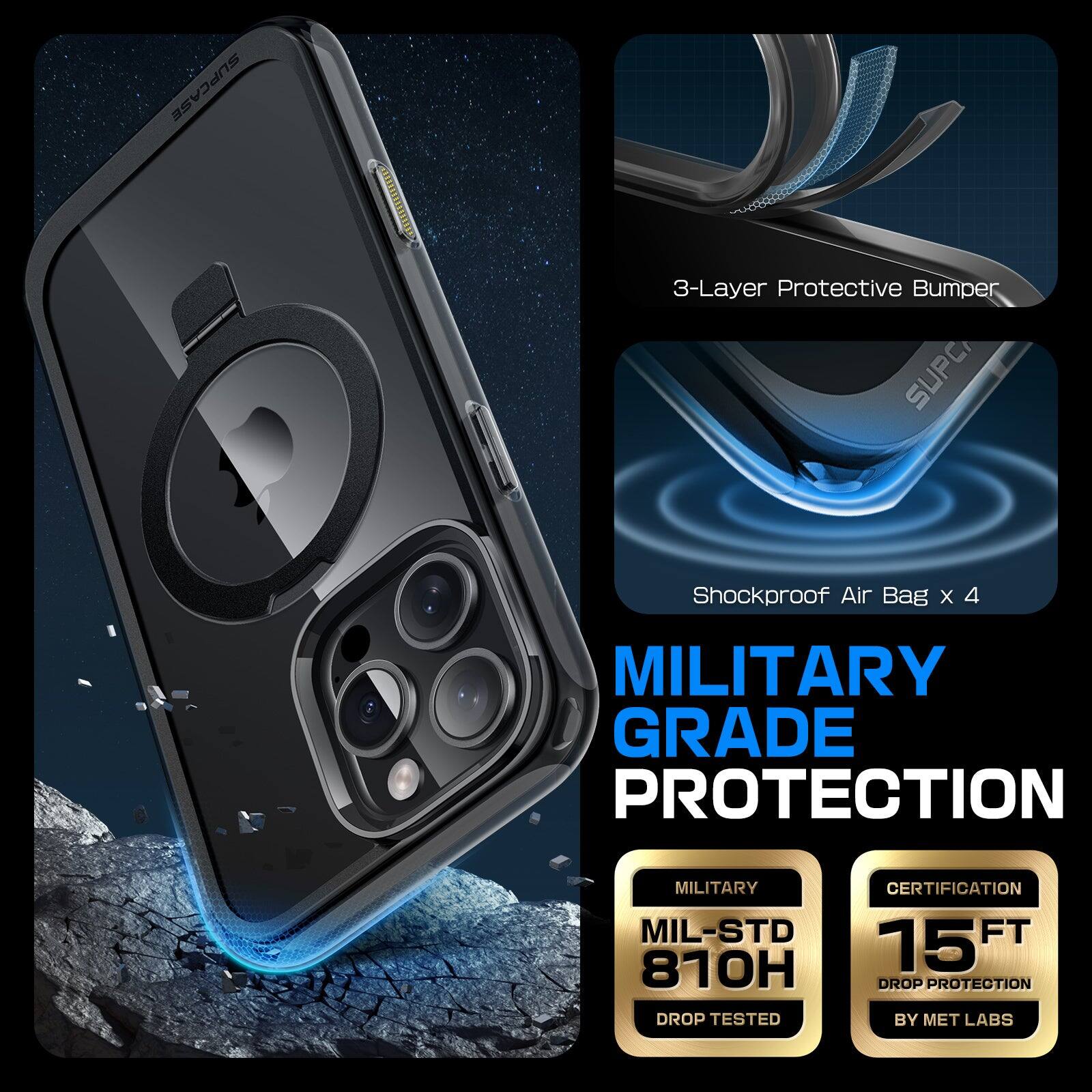 SUPCASE 3-Layer Protective Bumper SUPC Shockproof Air Bag x 4 MILITARY GRADE PROTECTION MIL-STD 810H DROP TESTED CERTIFICATION 15 FT DROP PROTECTION BY MET LABS