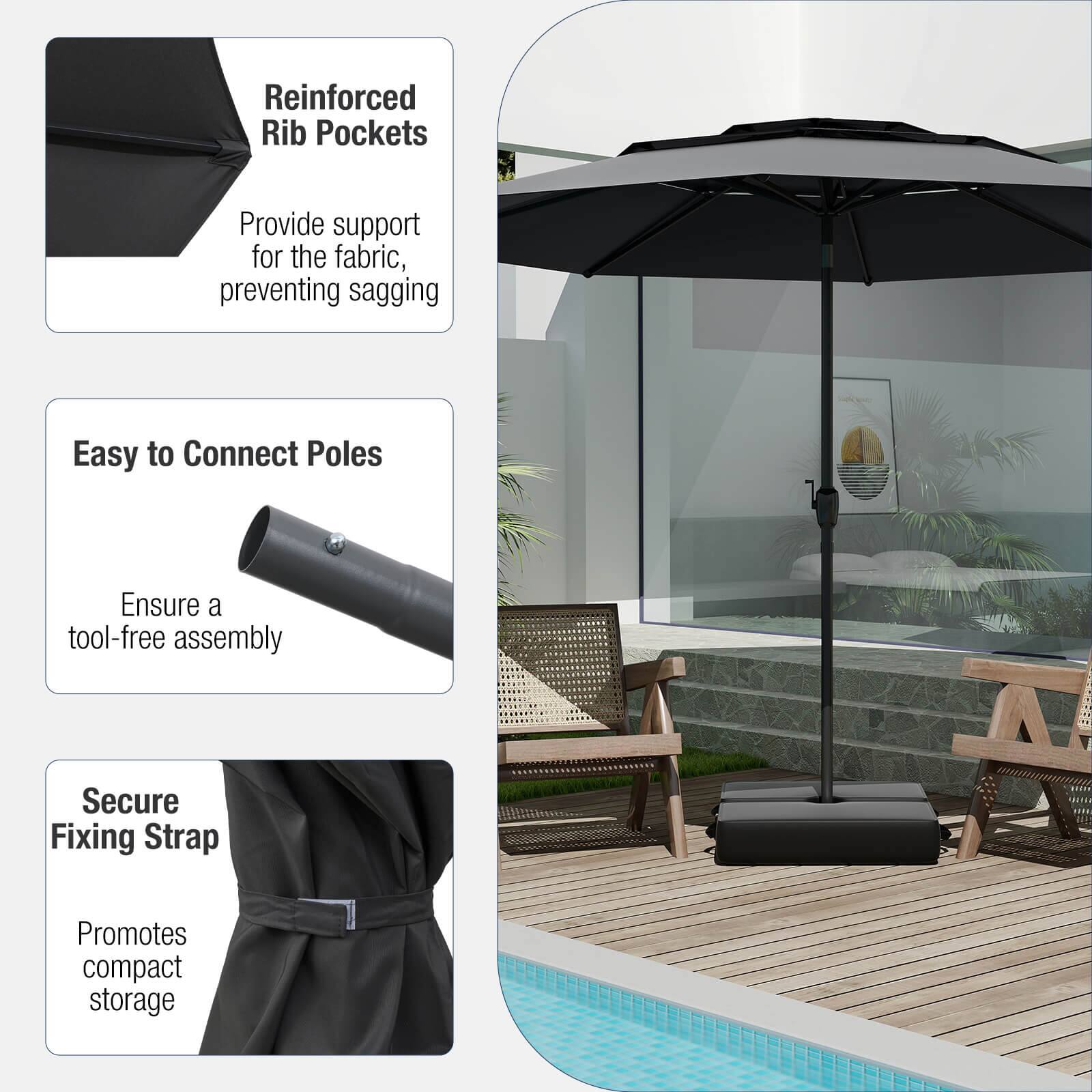 The image features a large umbrella with a black canopy, which is set up in a backyard. The umbrella is supported by reinforced rib pockets that prevent sagging, and it is easy to connect the poles for a tool-free assembly. The umbrella also has a secure fixing strap that promotes compact storage. The backyard is furnished with a dining table and chairs, making it an ideal outdoor space for relaxation and entertainment.