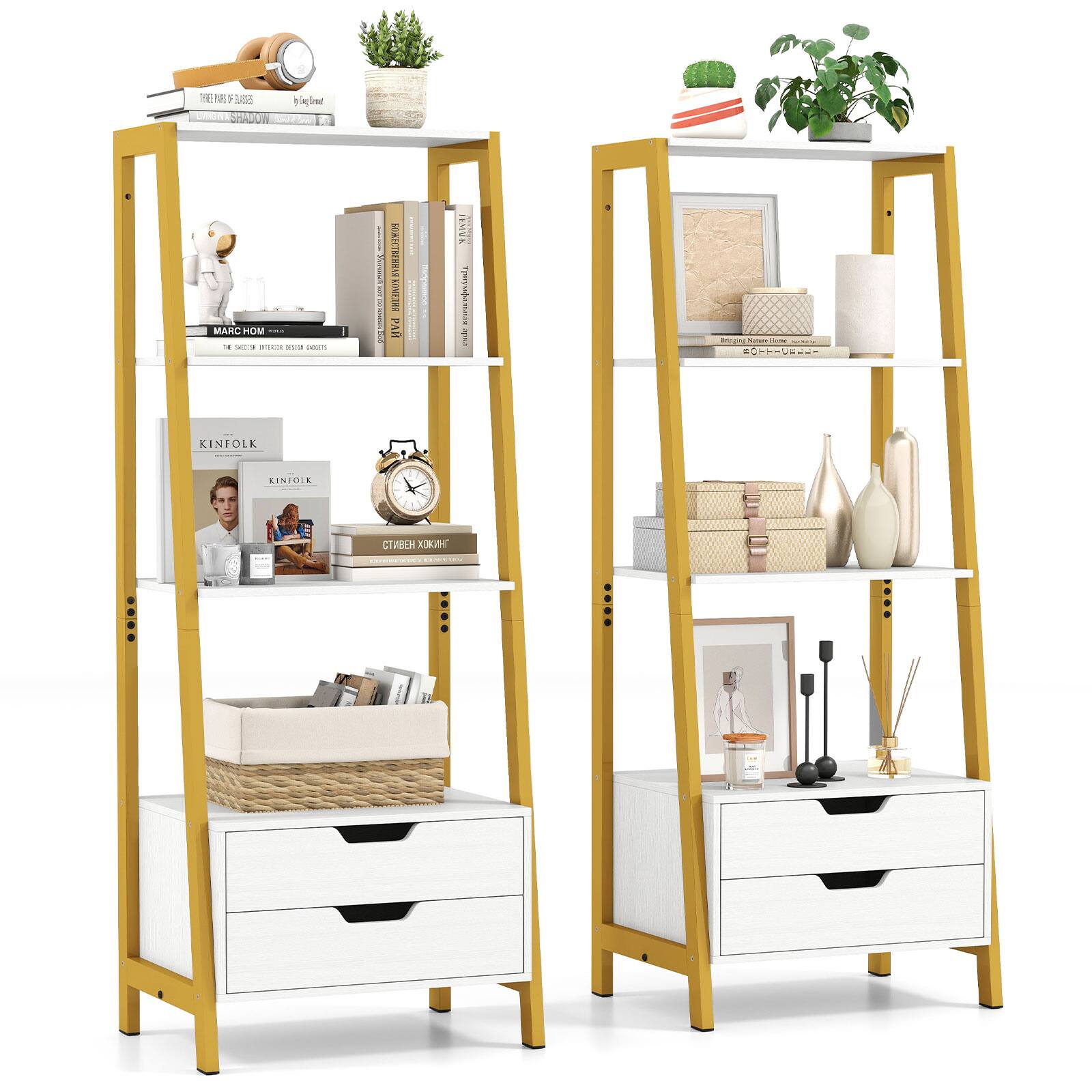 Gymax - 2PCS Bookshelf w/ 2 Storage Drawers Sturdy Metal Frame Anti-toppling Devices White - White, Gold