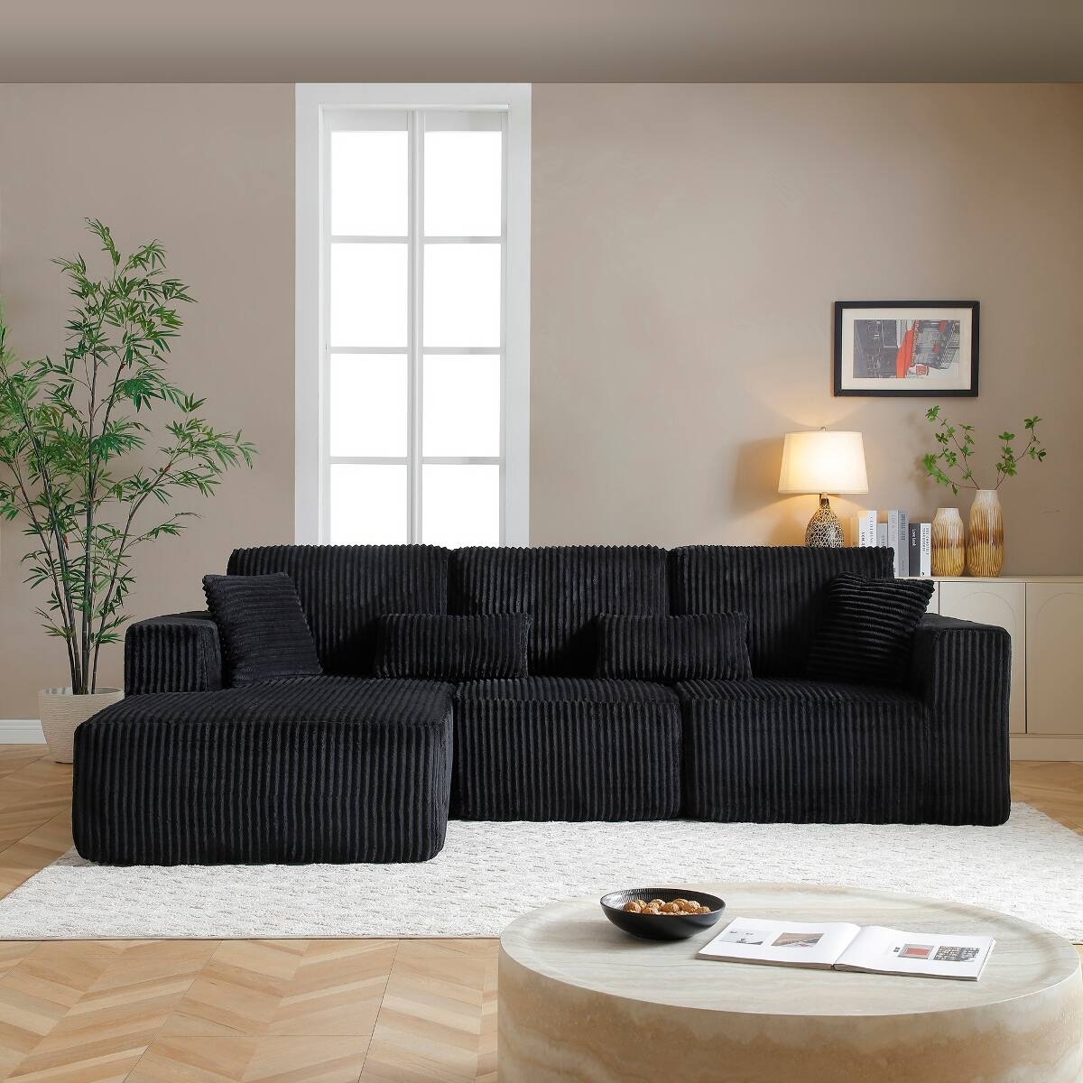 Front. Ropilly - Ropilly Modular Sectional Sofa, Black Corduroy L Shaped Sectional with Chaise, Deep Seat Modern Couch - Black.