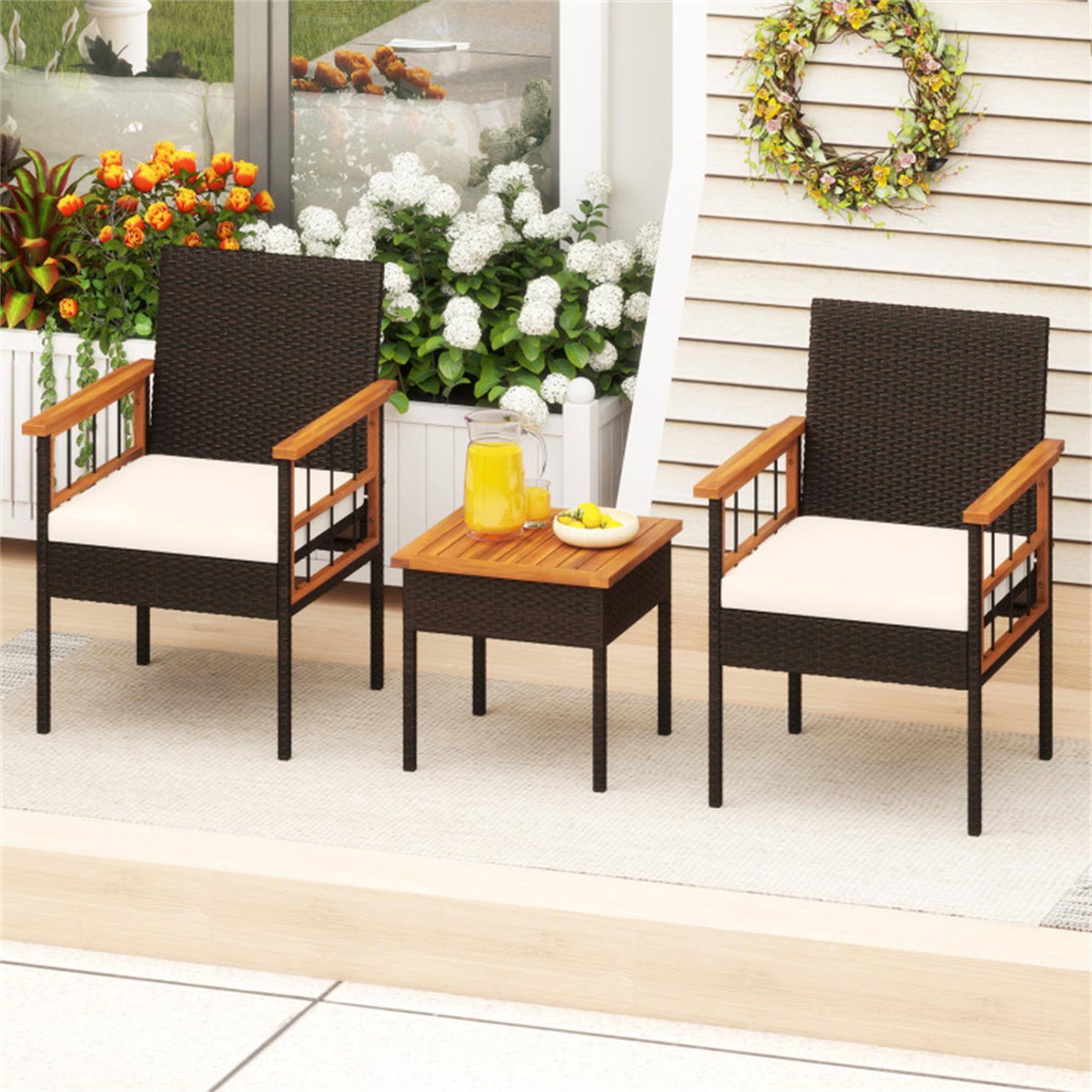 Alt View 1. Boyel Living - White 3 Piece Wicker Furniture Set with Acacia Wood Tabletop and Armrest for Balcony- 235-in W x 315-in D x 230-in H - White.