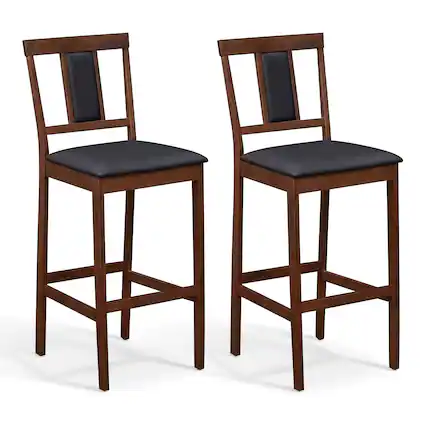 Front. Costway - Costway Upholstered Barstool Set of 2, Farmhouse 29.5" Bar Height Kitchen Island Stool - Walnut + Black.