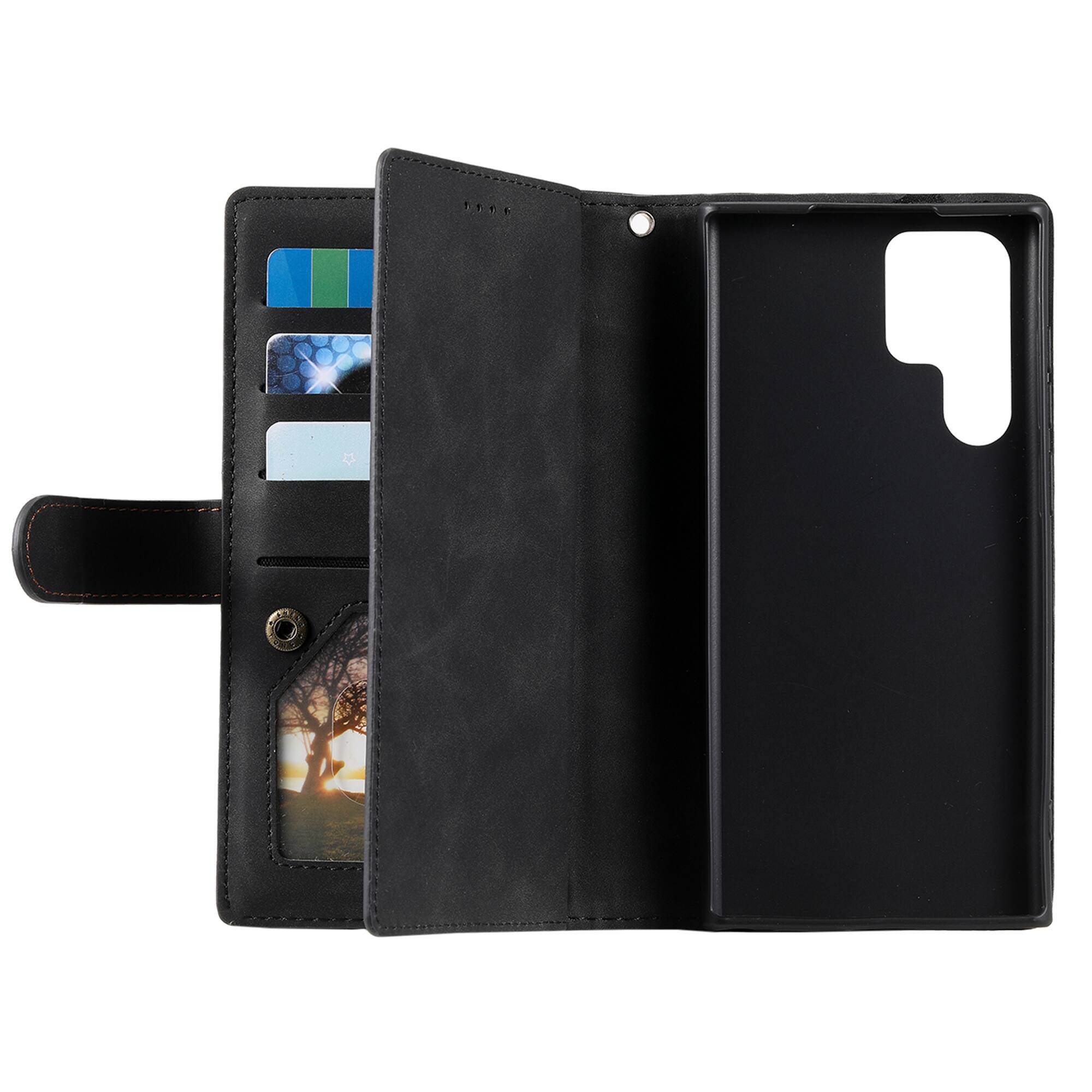 Back. Dteck - Multi-Functional Wallet Case for Samsung Galaxy S26 Ultra, 9 Card Slots Zipper Pocket Stand Premium Leather Cover+Strap - Black.