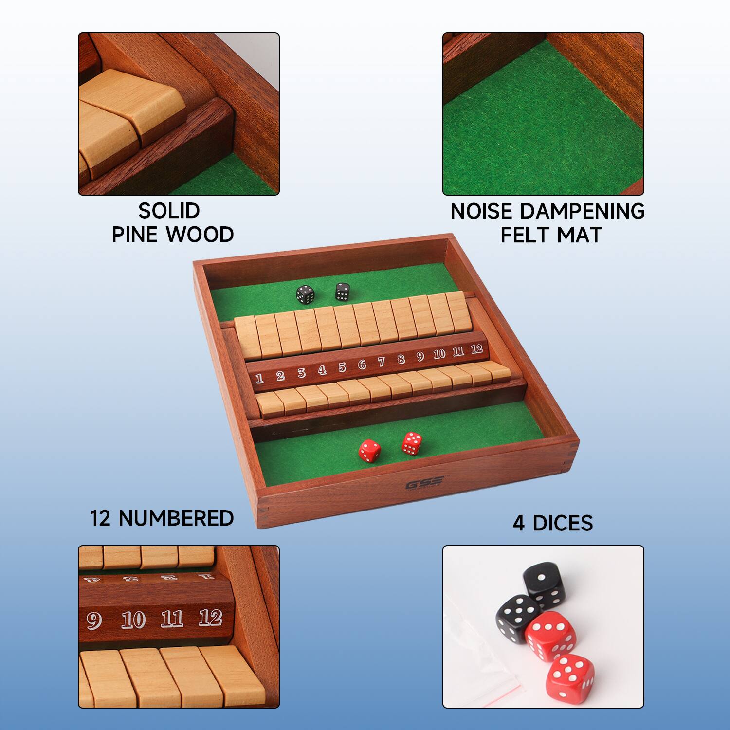 SOLID PINE WOOD, NOISE DAMPENING FELT MAT, 12 NUMBERED, 4 DICES
