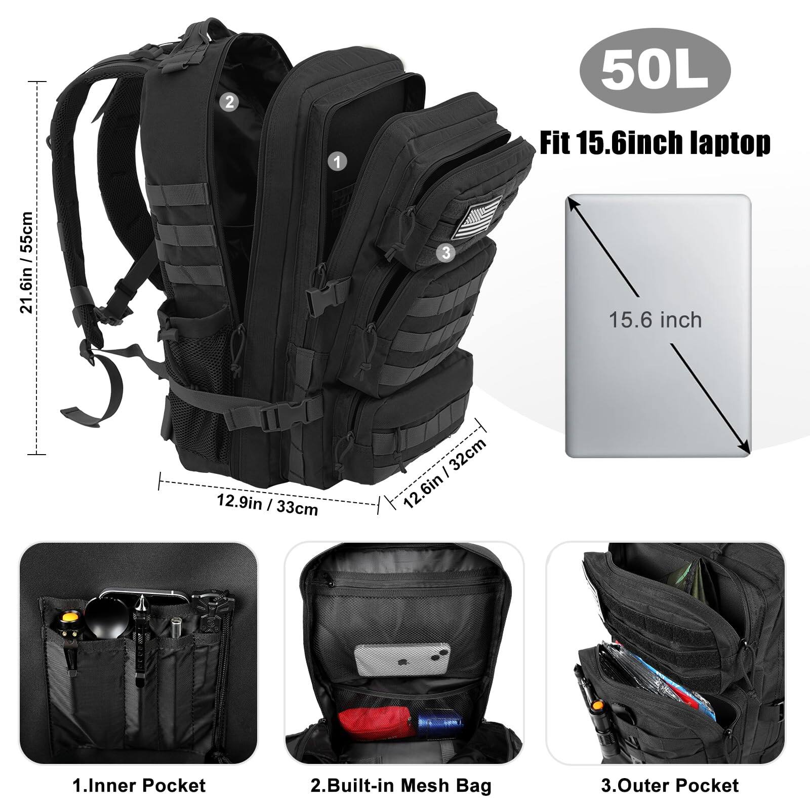 Cozy Serene 50l Backpack Large Day For Men Molle Army 3 Days Assault ...
