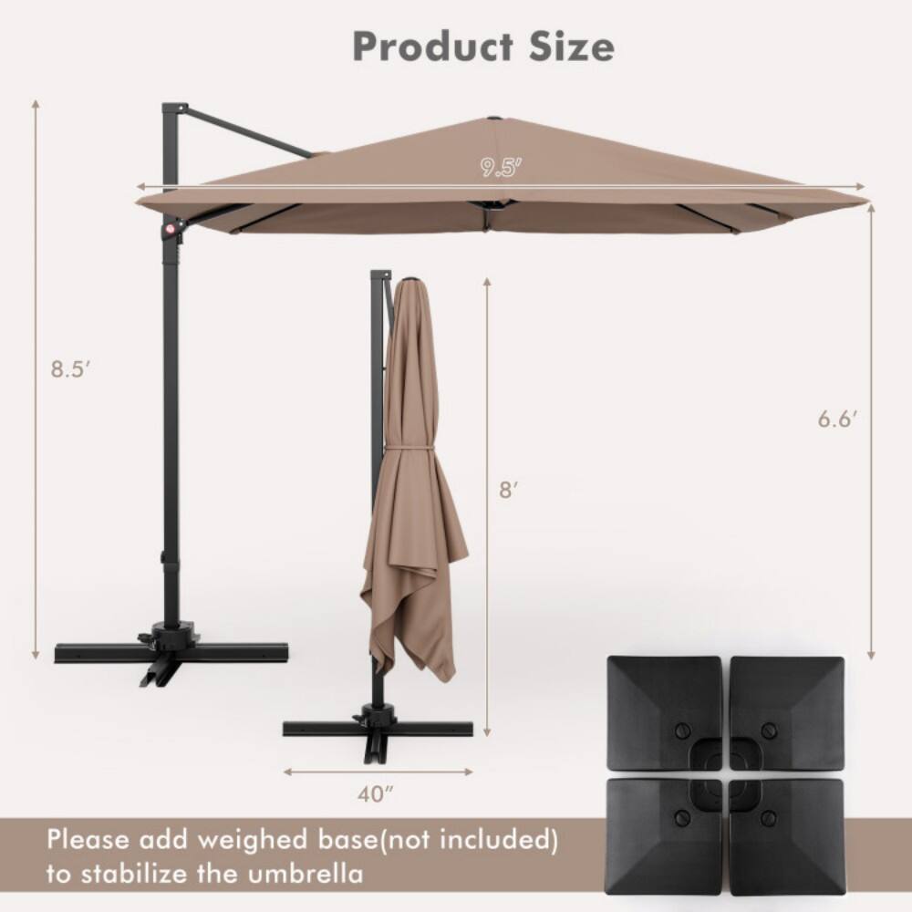Product Size  
9.5' x 8.5' x 6.6' x 8' x 40"  

Please add weighed base (not included) to stabilize the umbrella
