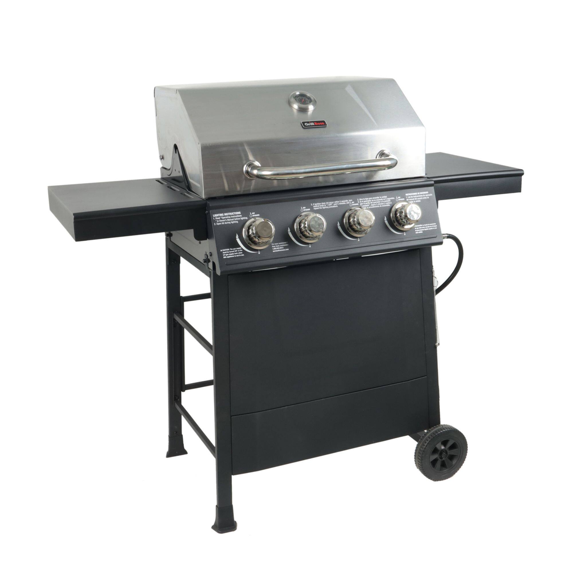 Alt View 4. Grill Boss - Grill Boss 4-Burner Outdoor Propane Gas Grill with Side Burner and Wheels, Black - Silver, Black.