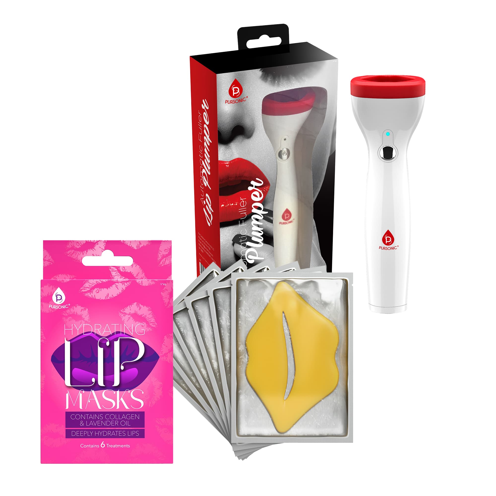 Pursonic - Lip Care Power Duo: Hydrating Lip Masks (Pack of 6) and Automatic Fuller Lip Plumper Device - Multicolor