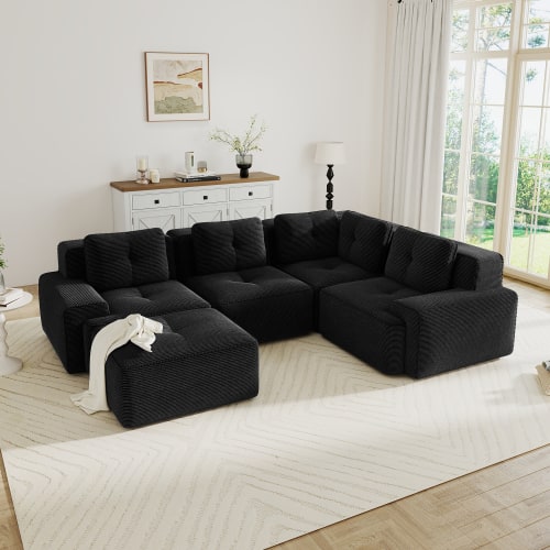 Anysun - V-Shape Corduroy Modular Sectional Sofa - 4-Seat Deep-Seat Couch with Ottoman, Pearl Piping, Tufted, No Assembly - Black