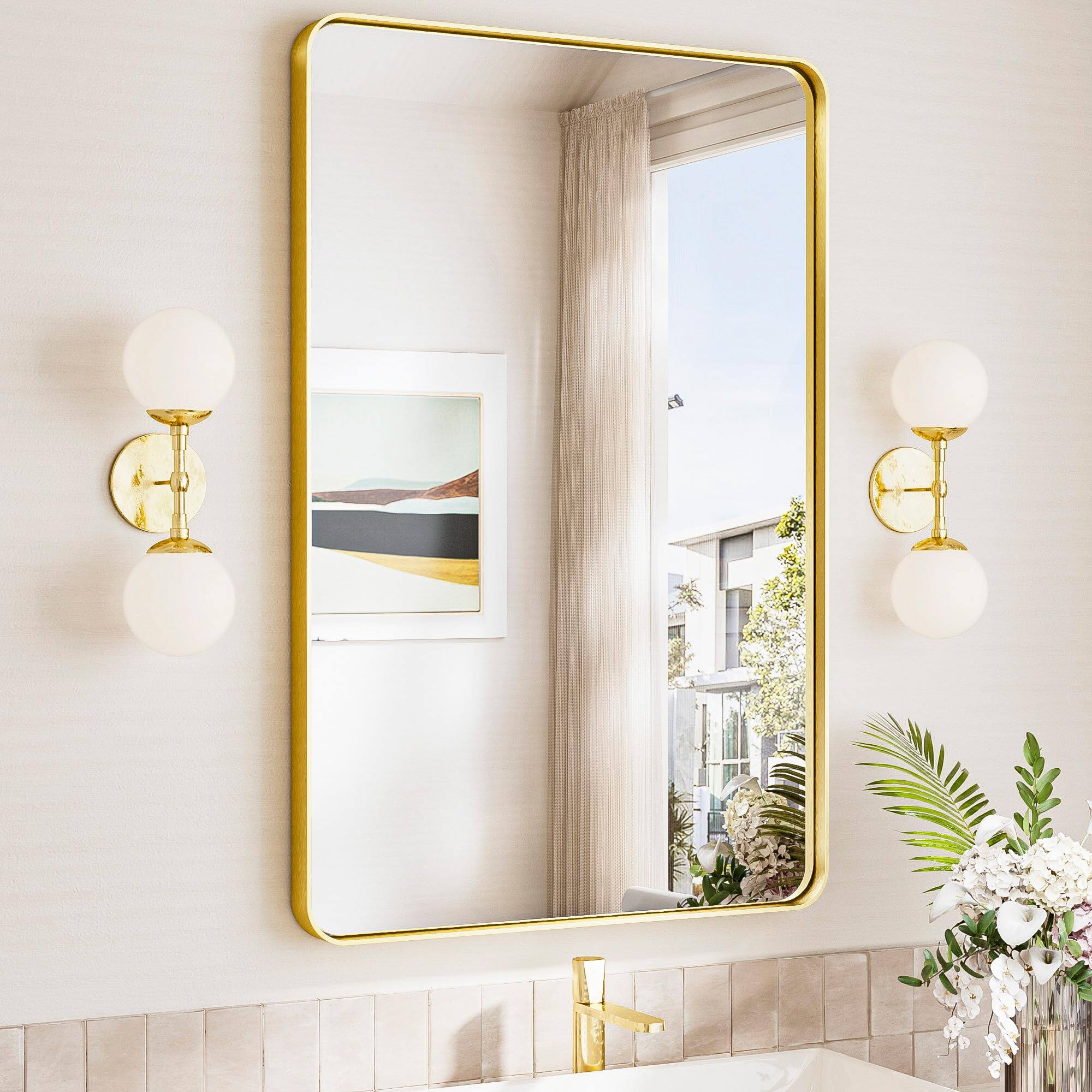 Earthley Blooms - 16x20 Matte Bathroom Mirror Vanity Wall With Tempered Glass Modern Metal Framed Seamless Aluminum Frame h - Brushed Gold-36"L x 42"W