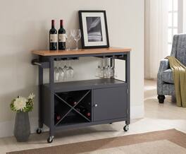 Kings Brand Furniture - Wood Kitchen Storage Serving Cart with Wine Rack (Grey/Natural) - Gray