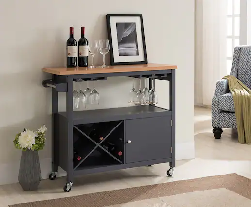 Front. Kings Brand Furniture - Kings Brand Furniture Wood Kitchen Storage Serving Cart with Wine Rack (Grey/Natural) - Grey.