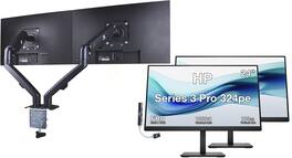 HP - Series 3 Pro 324pe 24" FHD IPS Monitor, 5ms Response Time (B1GM5AA#ABA) 2 Pack w/DKZ Hub & Ergoflexy Dual Mount Arms - Black