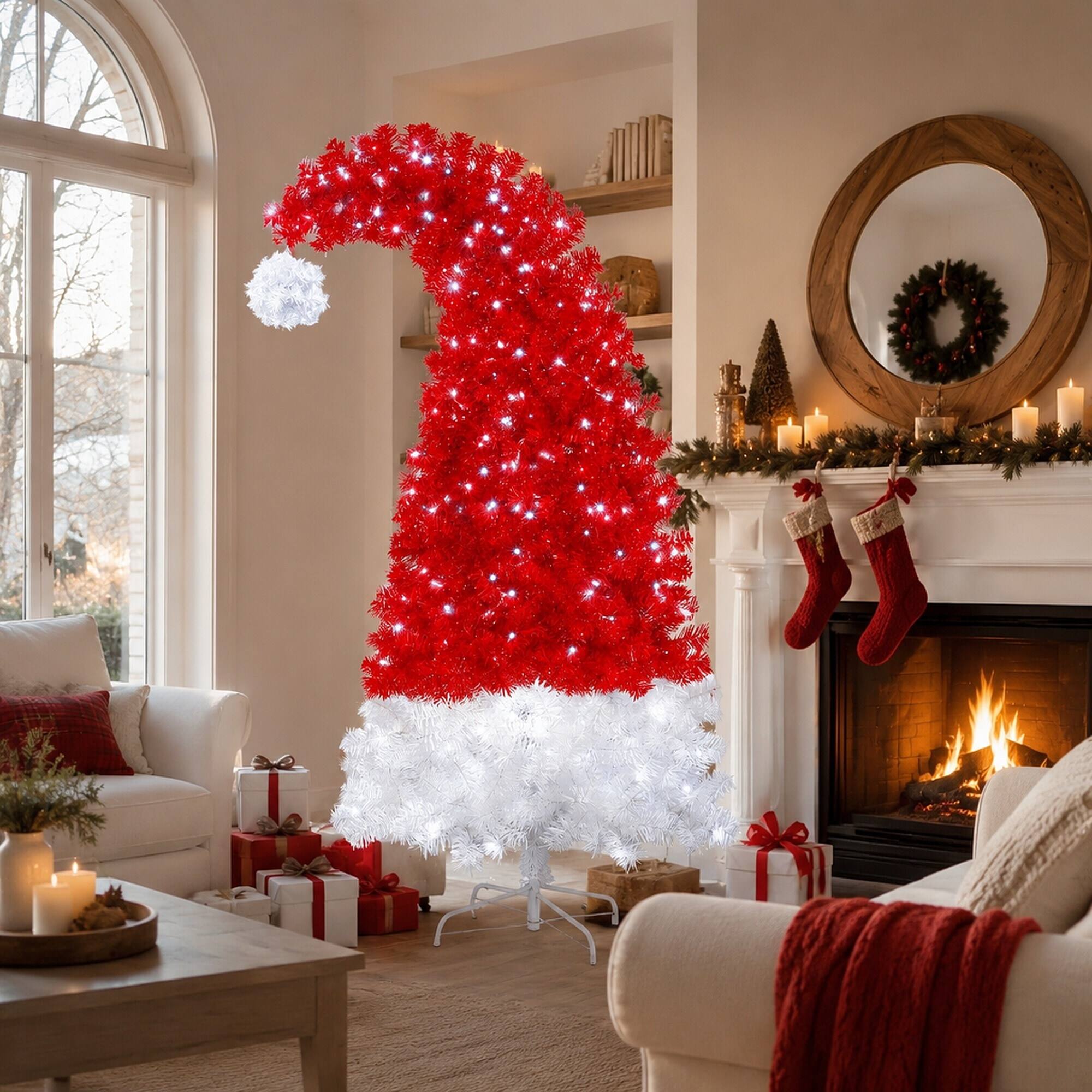 Angle. RYHNUYNE - 6FT Whimsical Santa Hat Christmas Tree, 1050 Curved Branch Tips LED Lights Artificial Xmas Tree Holiday Decor - Red,White.
