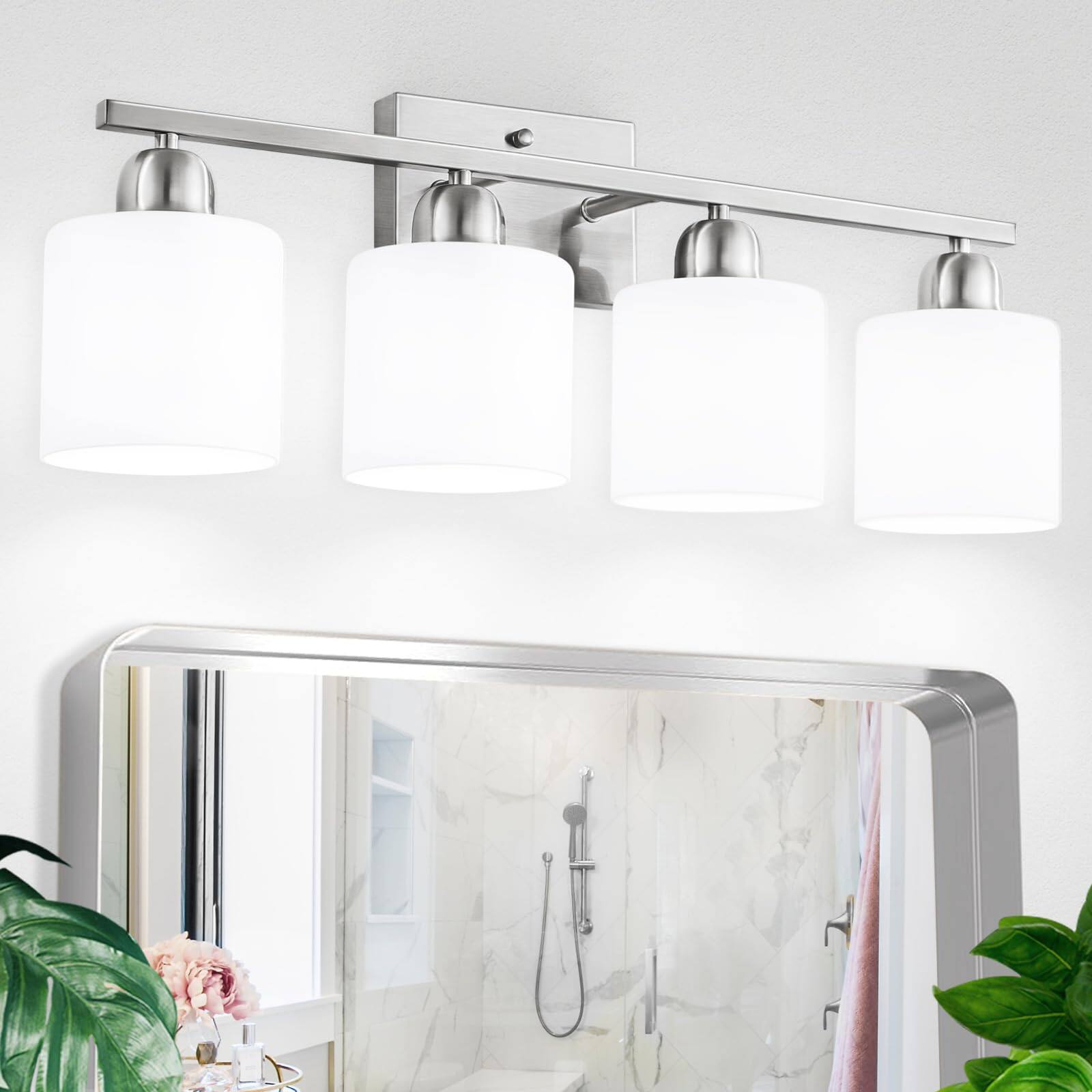 Earthley Blooms - 4 Light Bathroom Fixtures Brushed Nickel Vanity Lights For With Milky Frosted Glass Shade Wall Mirror Bed - Nickel-10-Light