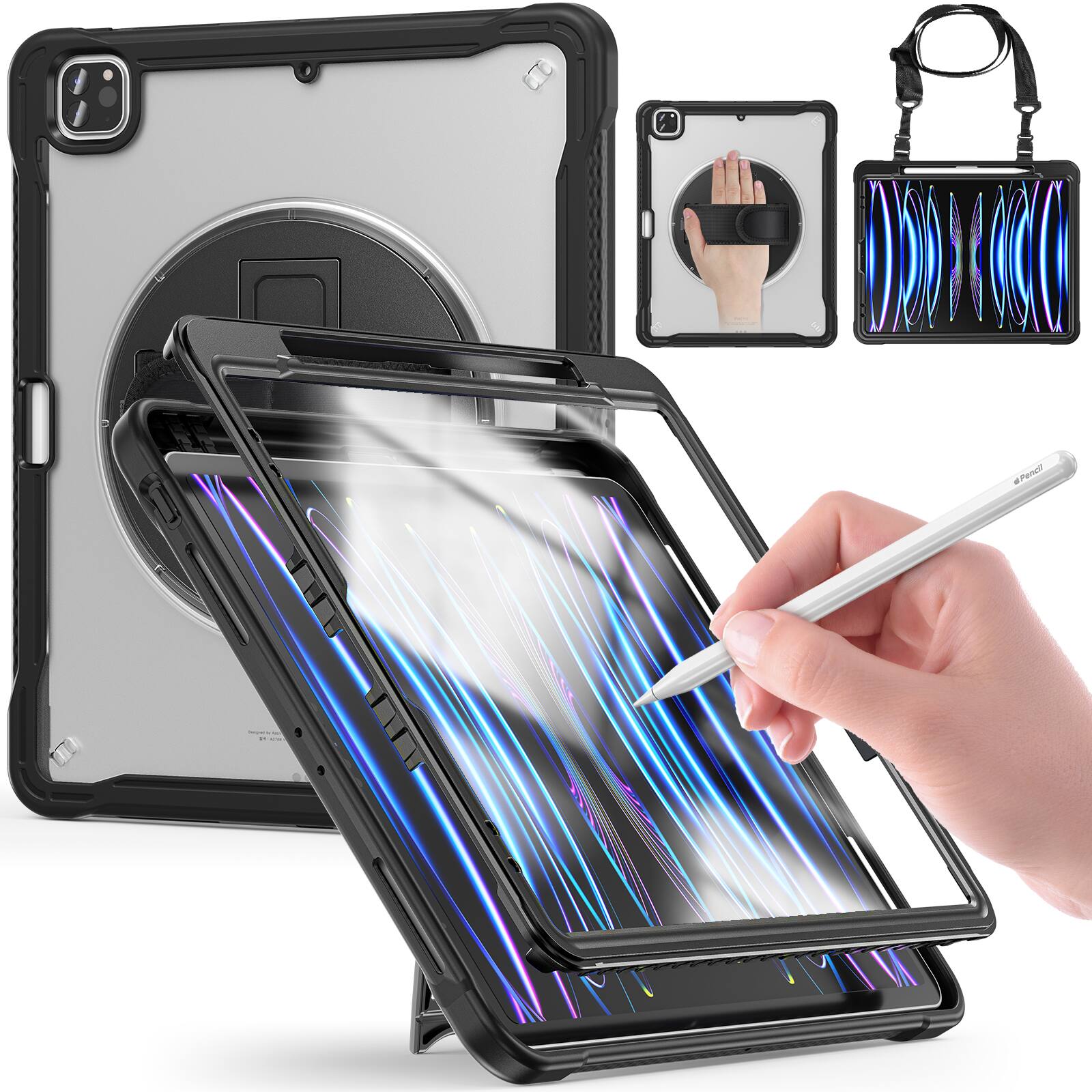 Back. Dteck - Rugged Case for Apple iPad Pro 12.9" Built-in Screen Protector, Shockproof Stand Cover with Shoulder Strap Handle Grip - Black.