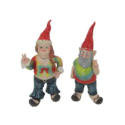Front. Zeckos - Gnancy and Gnarley Pair of Hippie Garden Gnome Statues 8.25 Inches High - Multicolored.