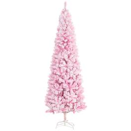 BreeBe - 7.5 ft Tall Unlit Snow Flocked Artificial Christmas Tree Slim Pencil Xmas Tree with Pine Shape and Realistic Branches - Pink