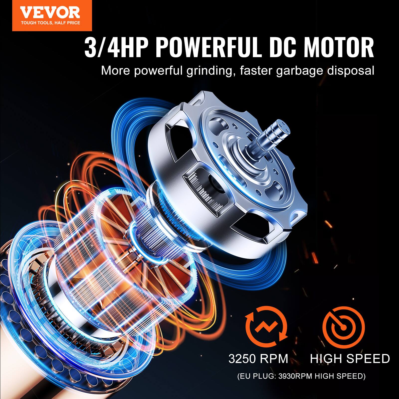 VEVOR TOUGH TOOLS, HALF PRICE

3/4HP POWERFUL DC MOTOR

More powerful grinding, faster garbage disposal

3250 RPM HIGH SPEED (EU PLUG: 3930RPM HIGH SPEED)