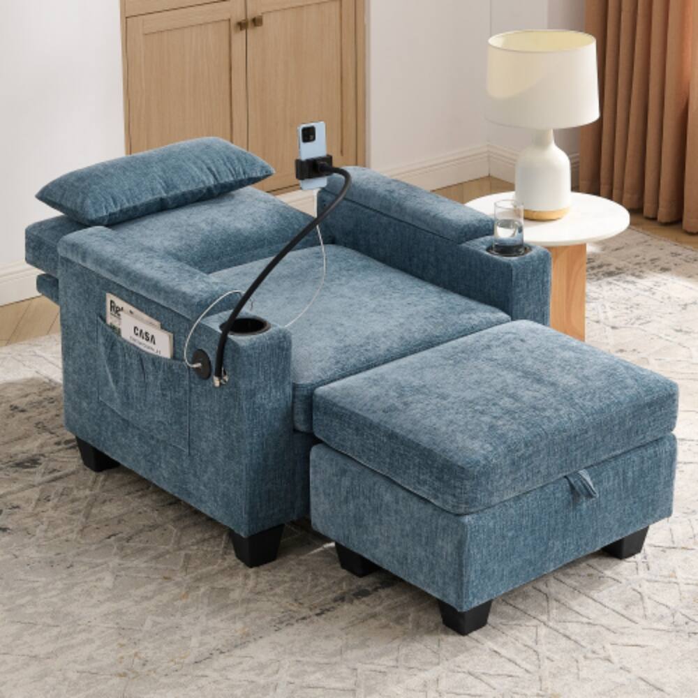 Angle. LUCKY ONE - Single Sofa Recliner w/ Manual Backrest USB Port Cup Holders Hidden Storage Ottoman - Blue.