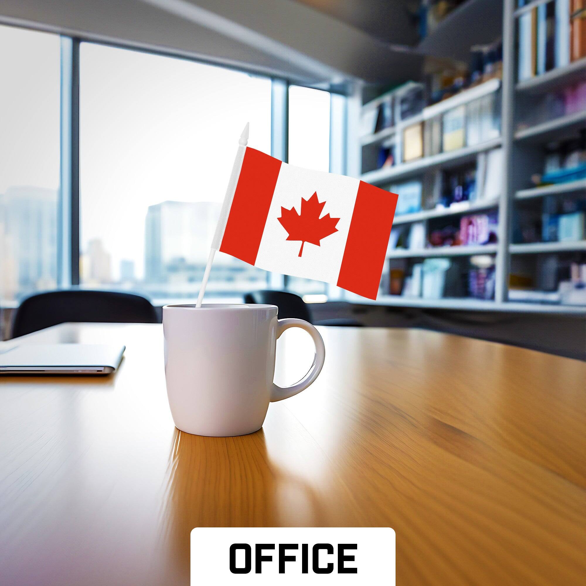 Left. G128 - 12-Pack Handheld Canada Flags, 4x6 in, 150D Polyester with Plastic Stick and White Spear Tip. - Assorted Colors.