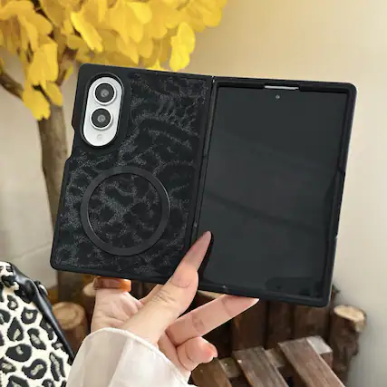 Front. Dteck - Vintage Leopard Print Faux Leather Magnetic Case with Metal Ring Wireless Charging Cover for Samsung Galaxy Z Fold 8 - Black.