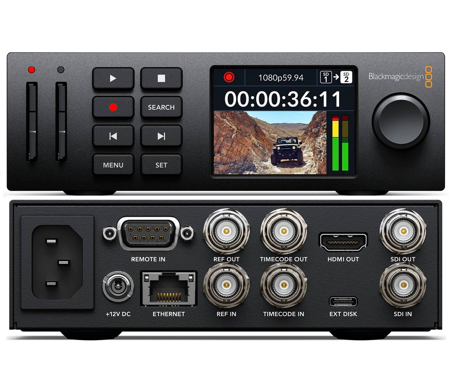 SEARCH SD SD 1080p59.94 1 2 Blackmagicdesign 000 00:00:36:11 MENU SET REMOTE IN REF OUT TIMECODE OUT HDMI OUT SDI OUT +12V DC ETHERNET REF IN TIMECODE IN EXT DISK SDI IN