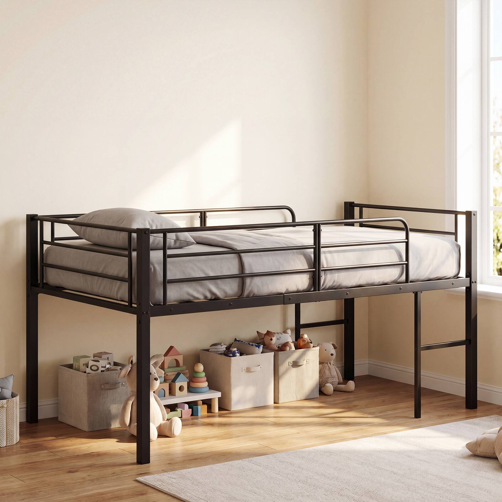 Alt View 3. Costway - Costway Twin Size Low Loft Bed, Heavy Duty Metal Bed Frame with Safety Guardrails & 2 Ladders - Black.