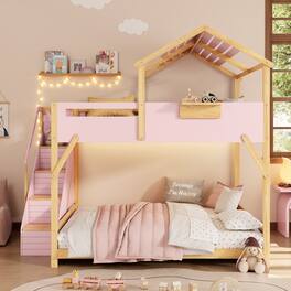 Anysun - Full over Full House Bunk Bed with Stairs and 3-Color LED Lights - Pink