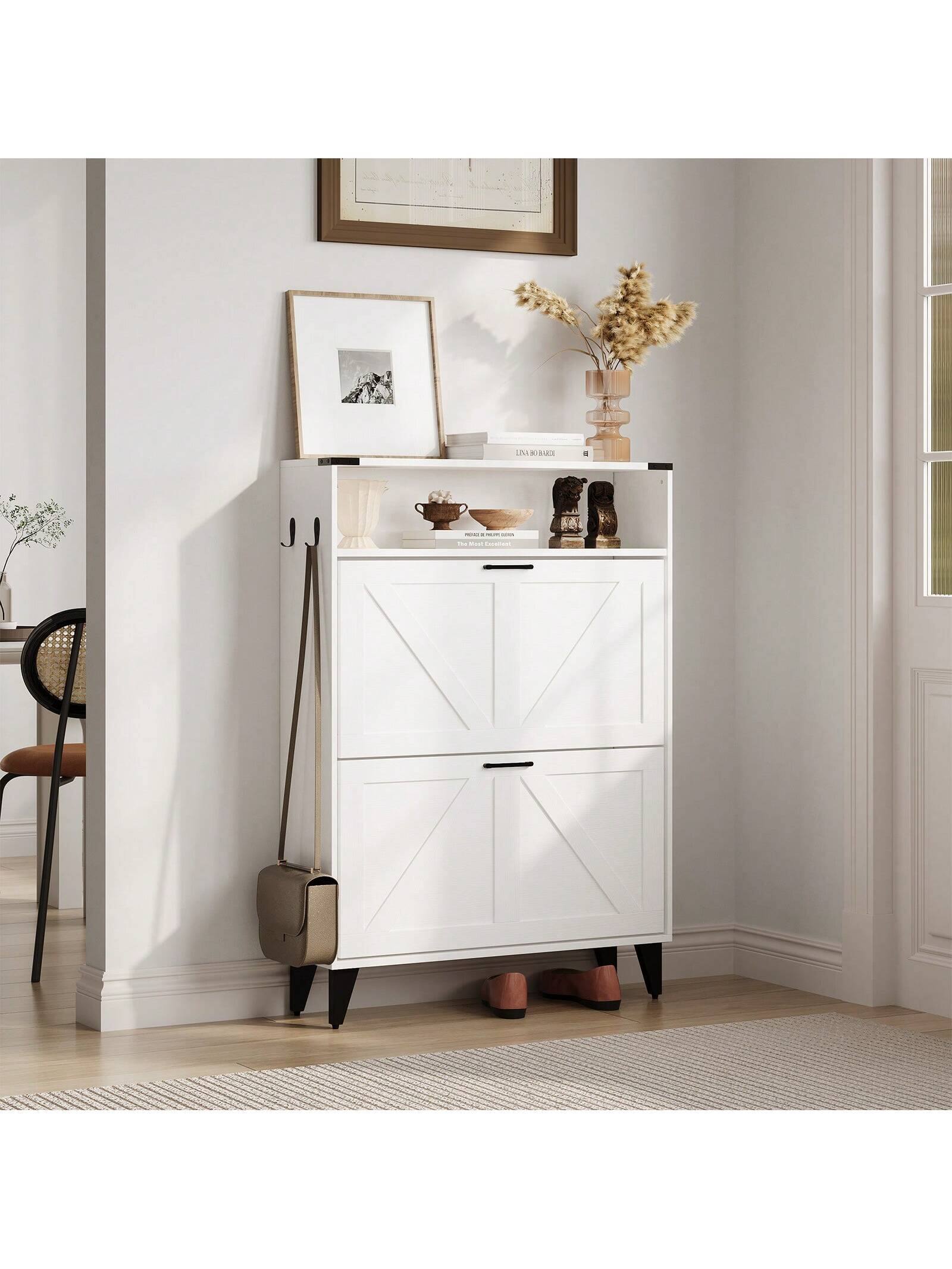 Angle. GARVEE - Narrow Shoe Cabinet Entryway Cabinet With Shoe Storage Shoe Cabinet With 2 Flip Drawers Freestanding Shoe Cabinet - White.