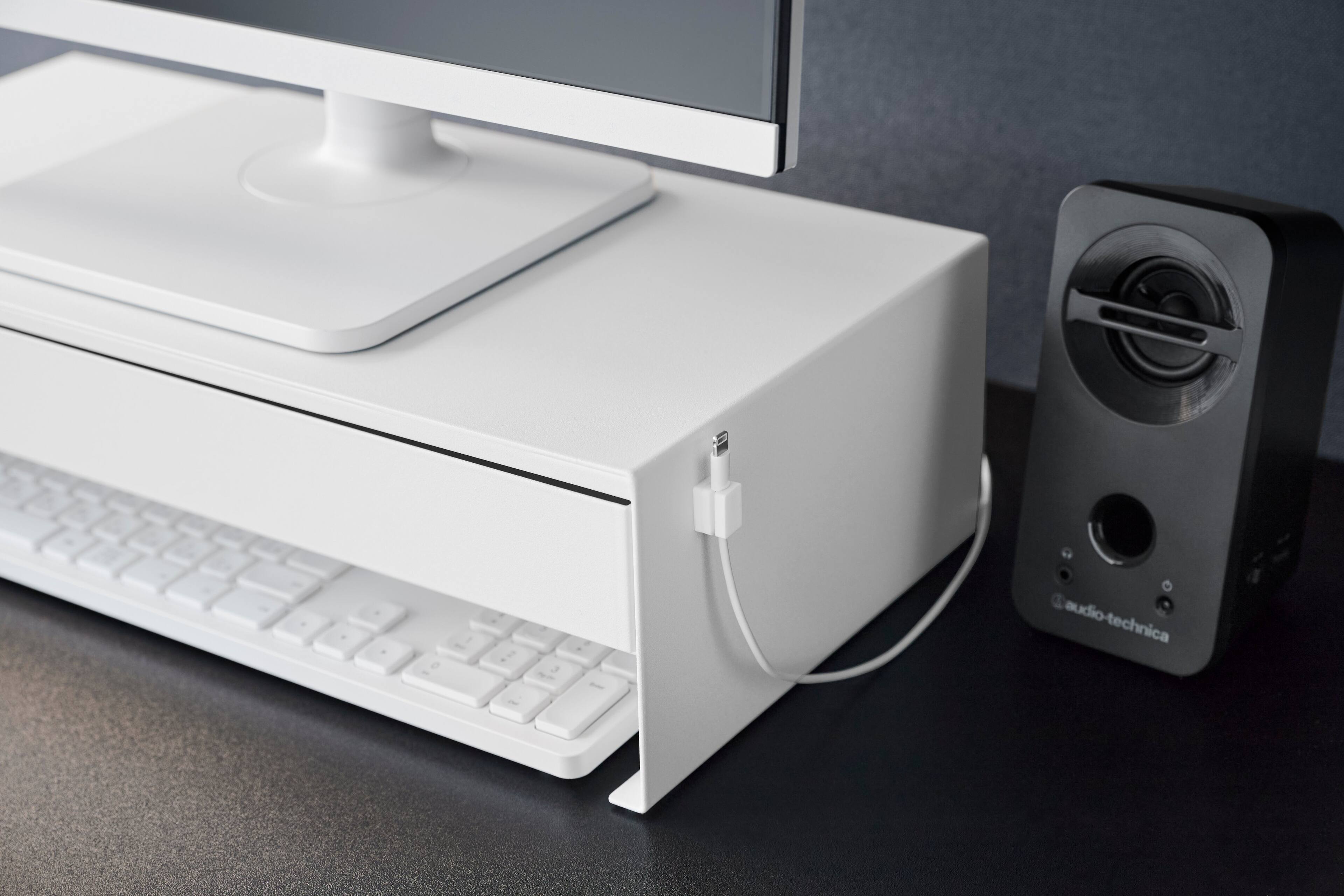 Alt View 2. Yamazaki Home - Monitor Stand With Drawer - Steel - White.