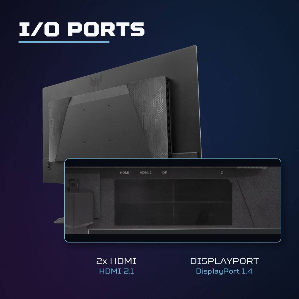 I/O PORTS

HDMI 1
HDMI 2
DP
2x HDMI HDMI 2.1
DISPLAYPORT DisplayPort 1.4