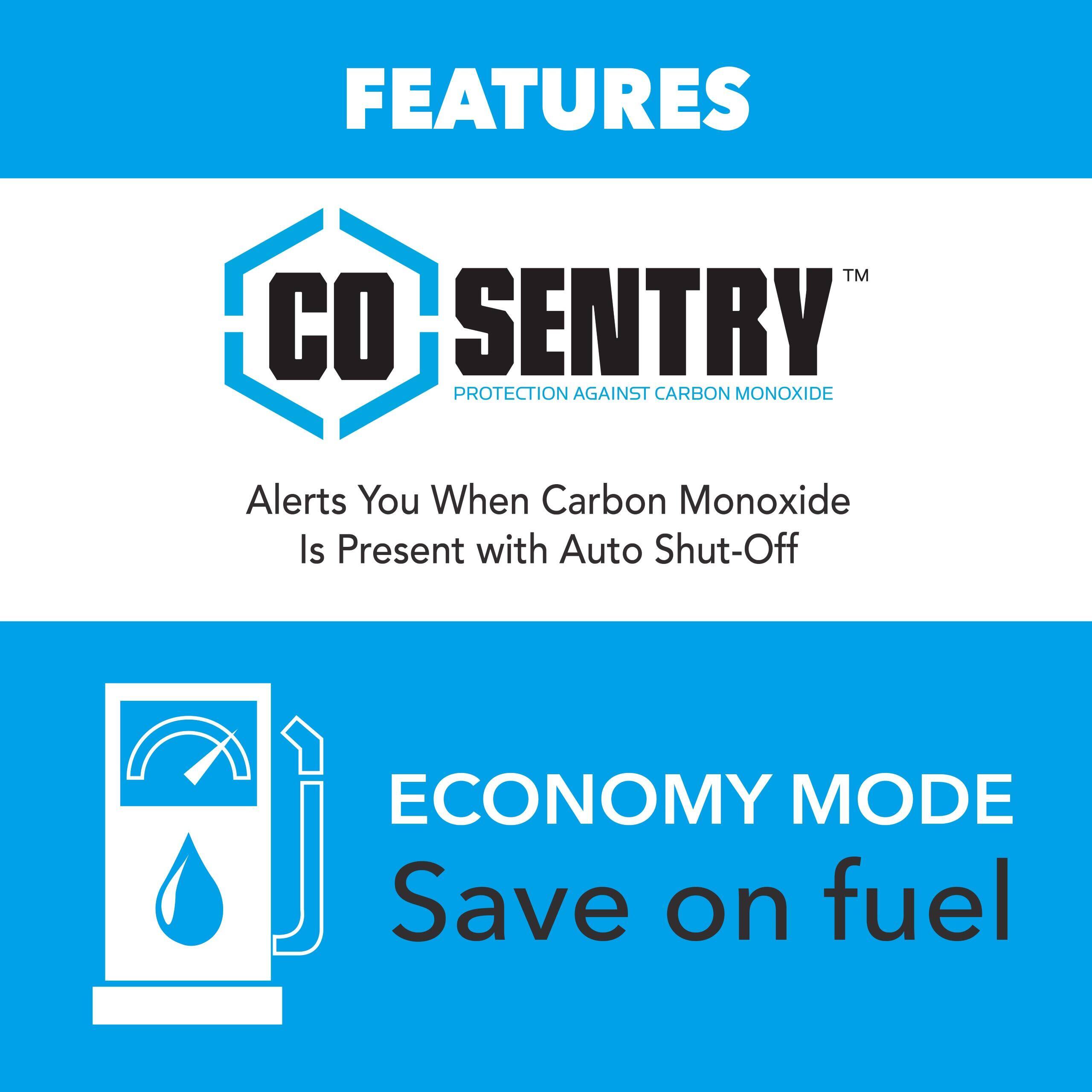**FEATURES**

**CO SENTRY™**  
PROTECTION AGAINST CARBON MONOXIDE

- Alerts You When Carbon Monoxide Is Present with Auto Shut-Off

**ECONOMY MODE**  
Save on fuel