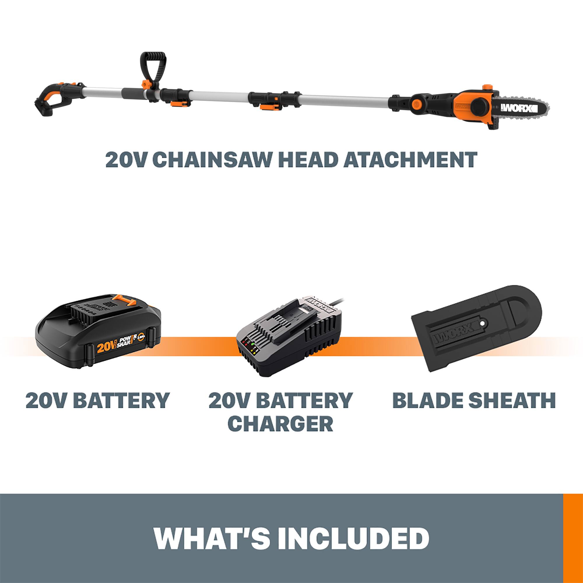 The text on the image is grouped and corrected as follows:

WORX 20V CHAINSAW HEAD ATTACHMENT 20V BATTERY 20V BATTERY CHARGER BLADE SHEATH WHAT'S INCLUDED