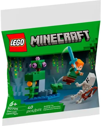 LEGO Minecraft is a building toy for children aged 6+. The set includes 40 pieces for constructing and playing. The toy is designed for The Lush Cave Fight, and it comes with a detailed instruction manual.