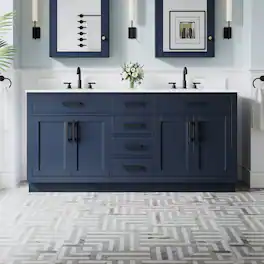 WELLFOR - 72 in Solid Wood Bathroom Vanity with Double Sink,4 Doors,6 Drawers& Cultured Marble Countertop,Matte Black Handle - Navy Blue