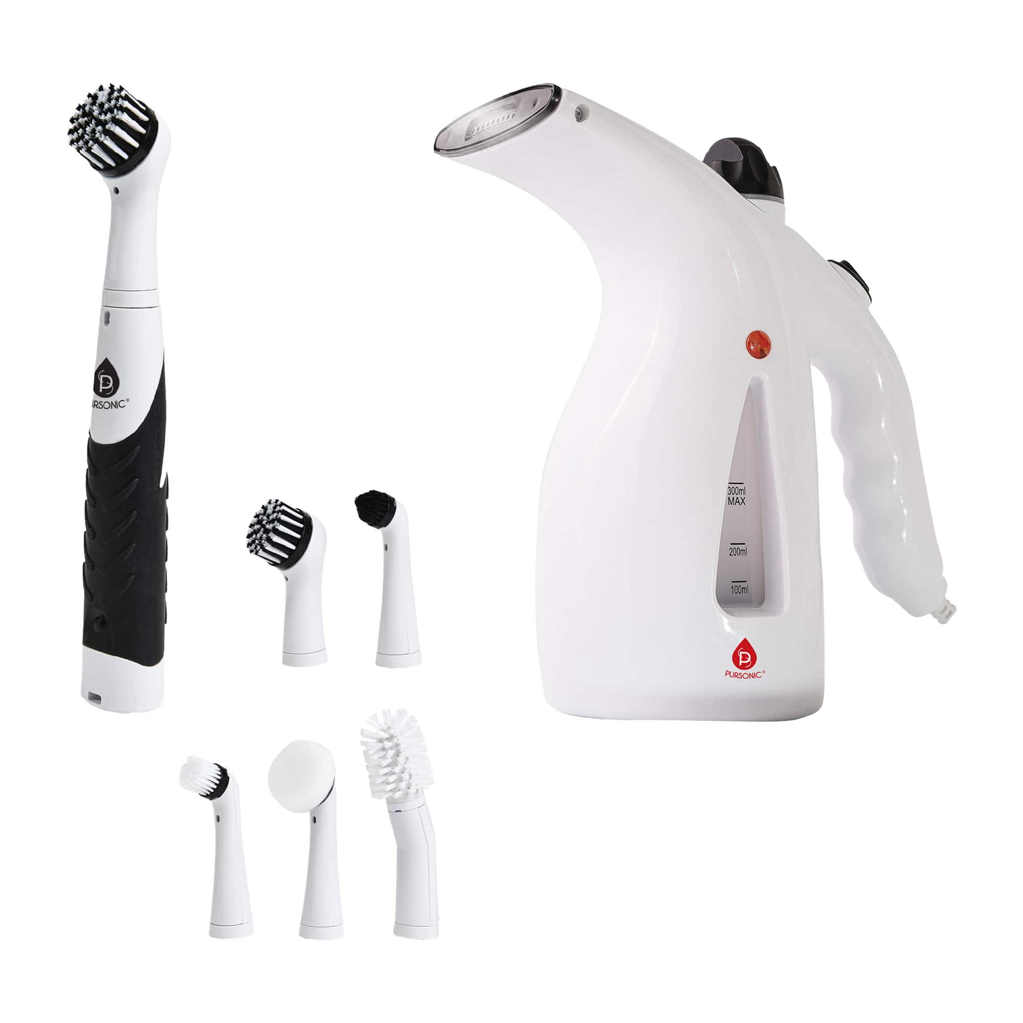 Cordless Power Scrubber Cleaning Brush + Pursonic 300ml Handheld Travel Garment Steamer - White