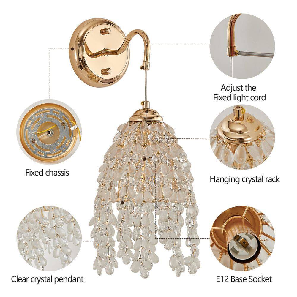 - Adjust the Fixed light cord
- Fixed chassis
- Hanging crystal rack
- Clear crystal pendant
- E12 Base Socket