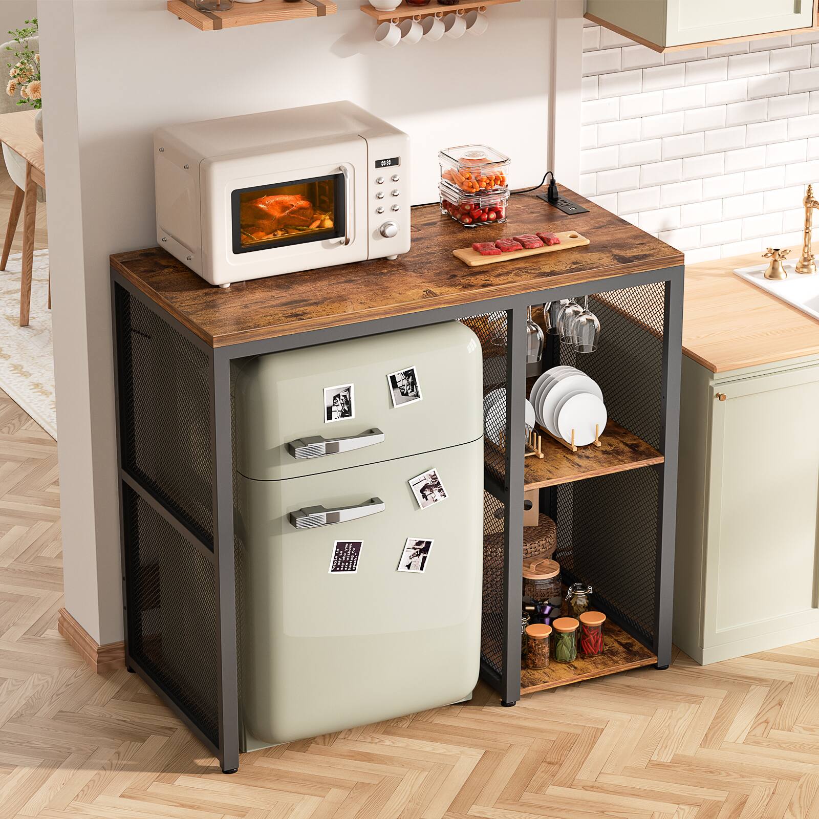 Alt View 2. Aheaplus - Small Bar Cabinet with Mini Fridge Space, Coffee Bar Microwave Stand with Power Outlet & Glass Holder for Kitchen - Brown.